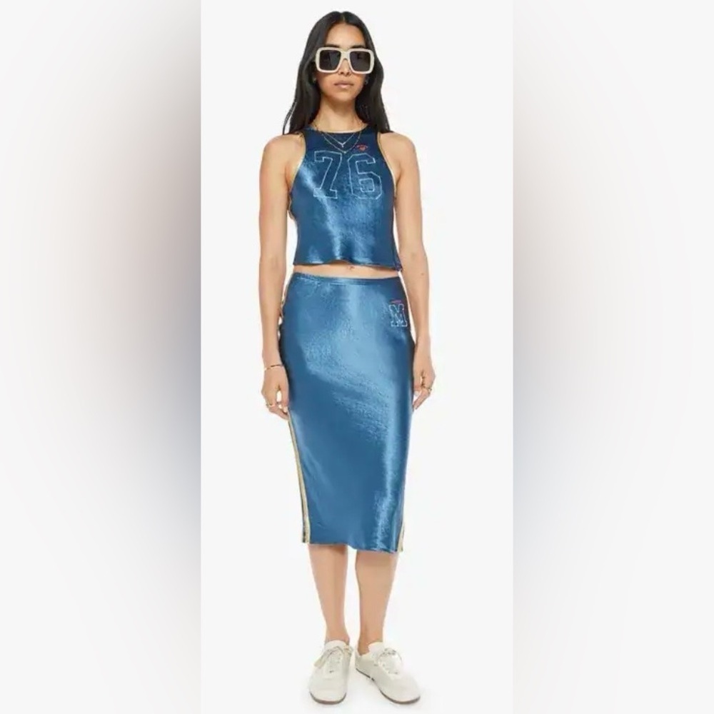 SOLD OUT MOTHER Athletic Teamwork Blue Satin Midi Skirt NWT